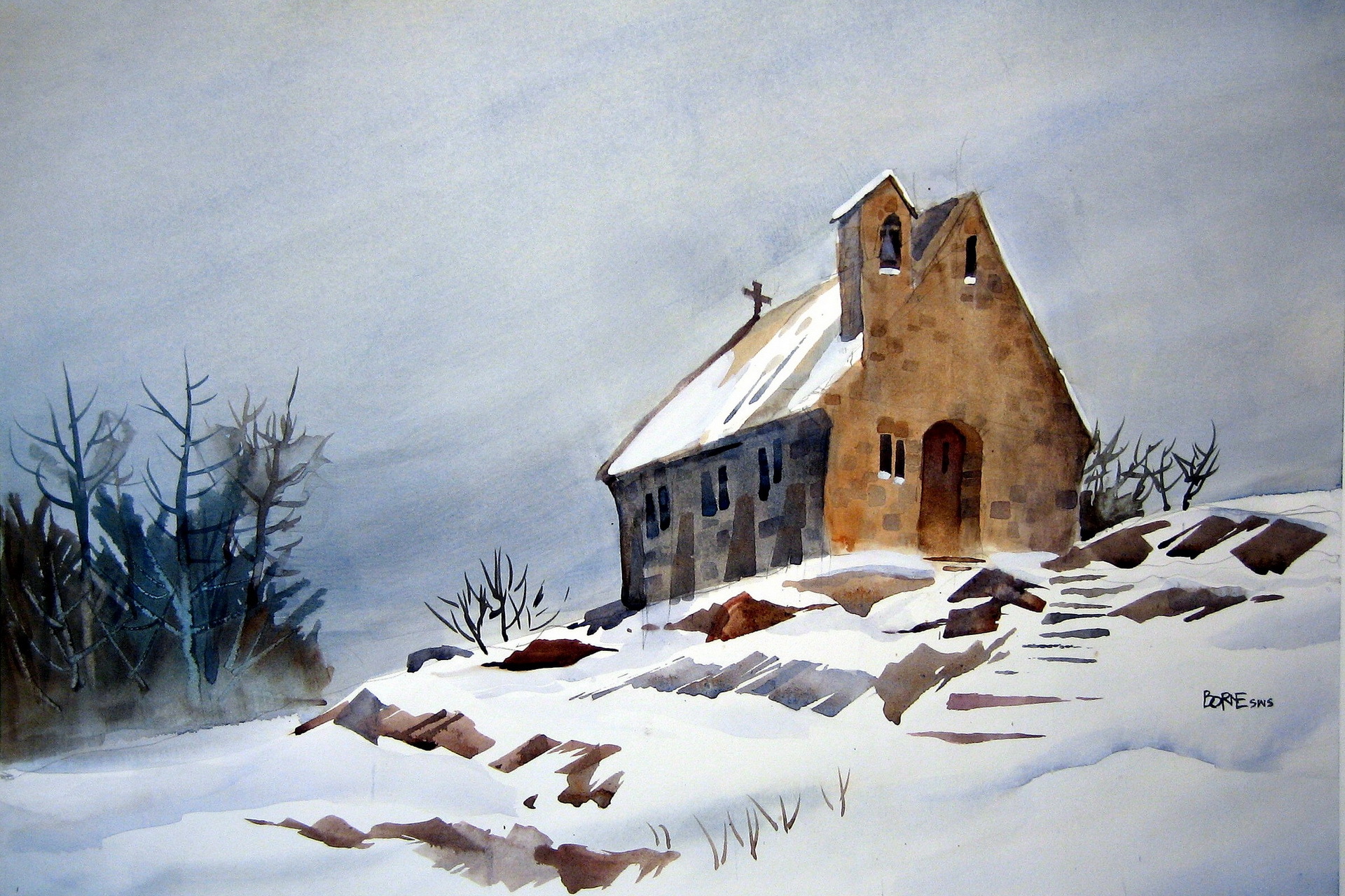 Wallpaper Painting House Landscape Watercolor