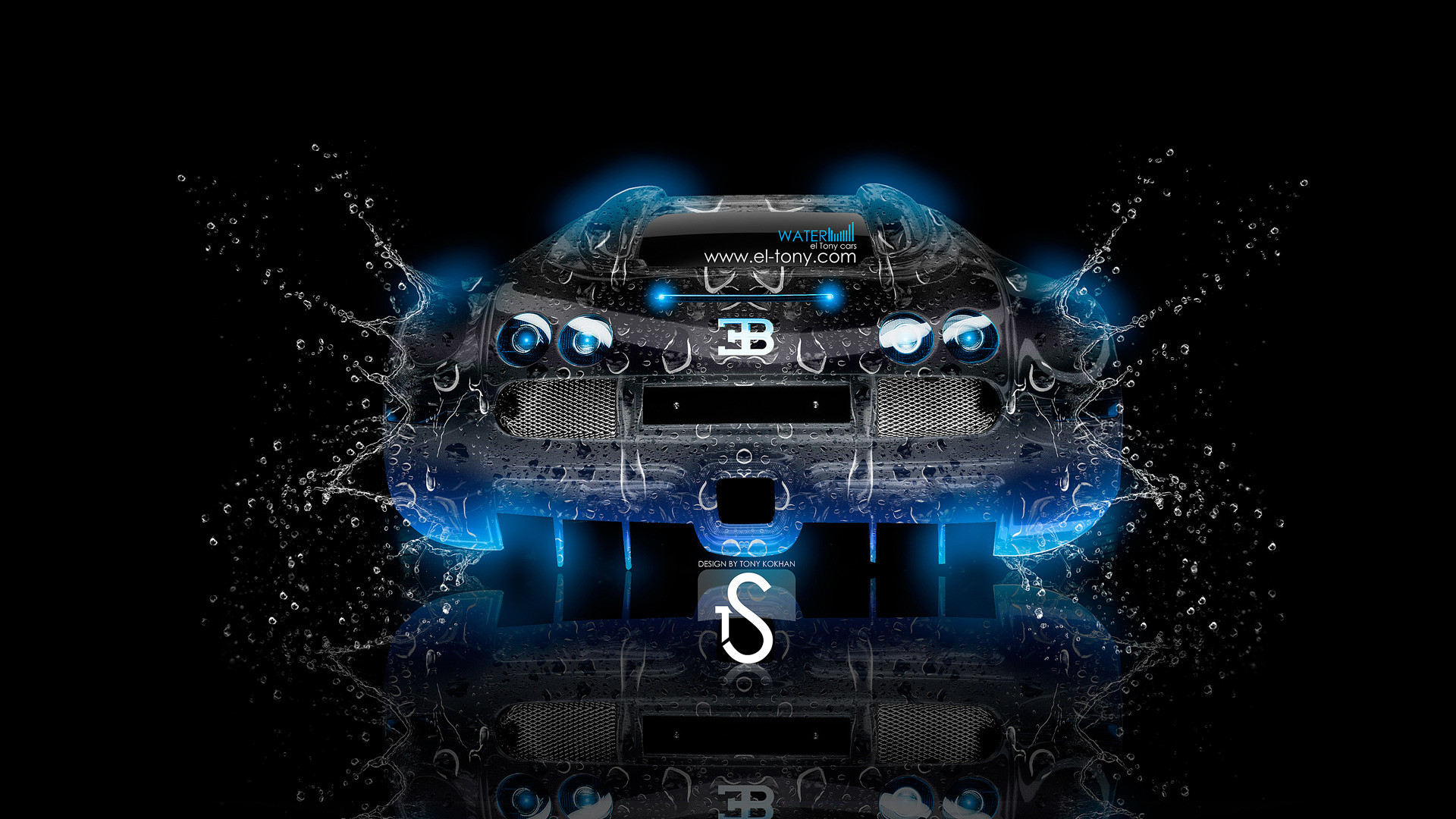 A neon blue Bugatti sports car with water droplets splashing against a black background