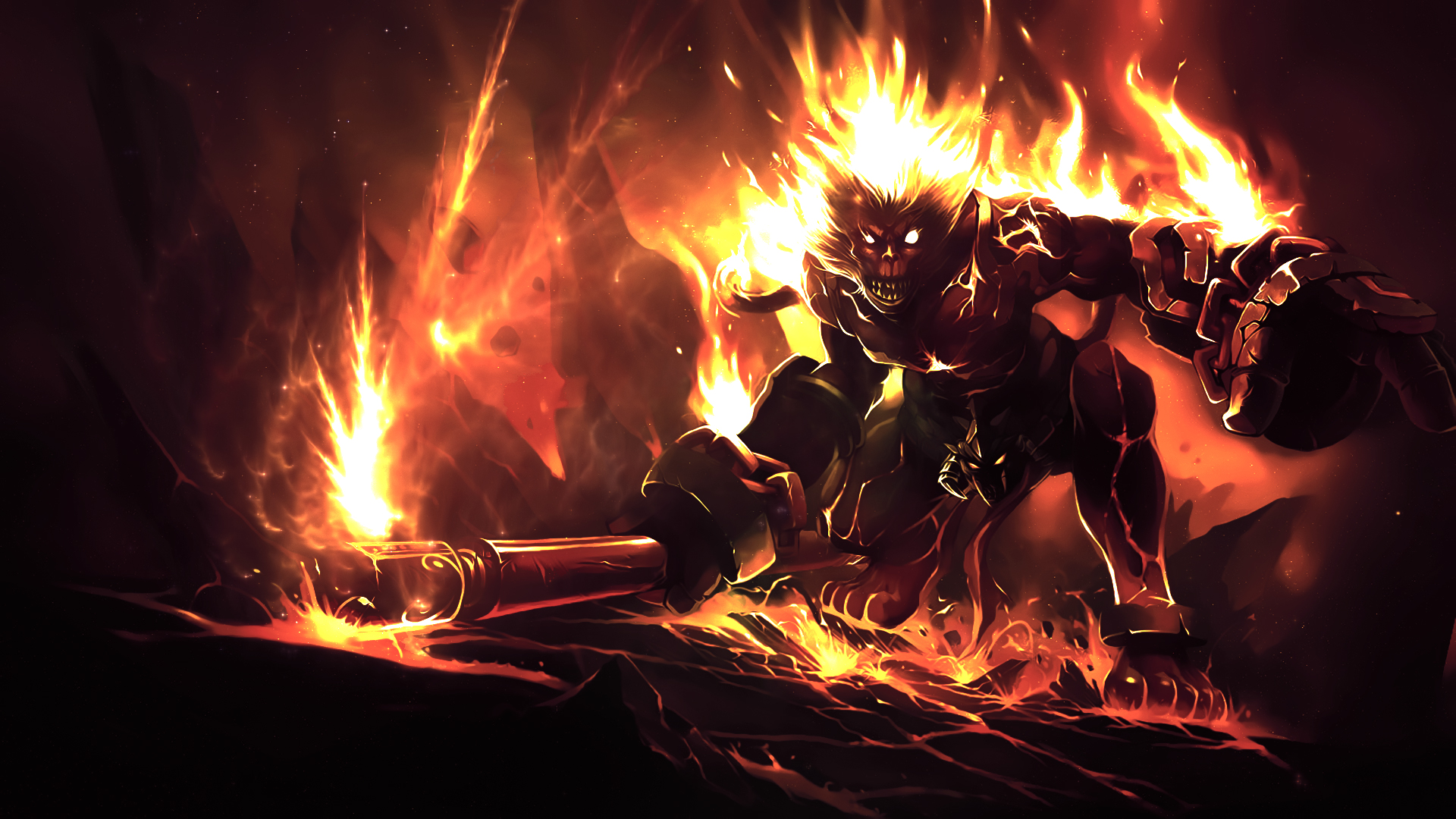 League Of Legends Wukong Fantasy Fire Flames Demon Weapons Wallpaper