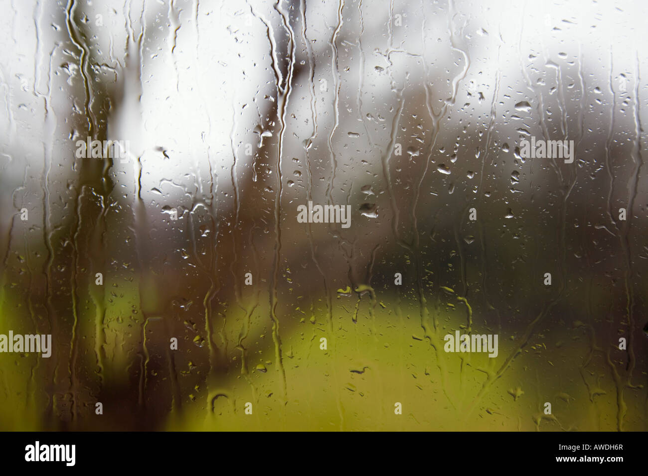 Uk Britain February Through Window With Rain Drops Of Water