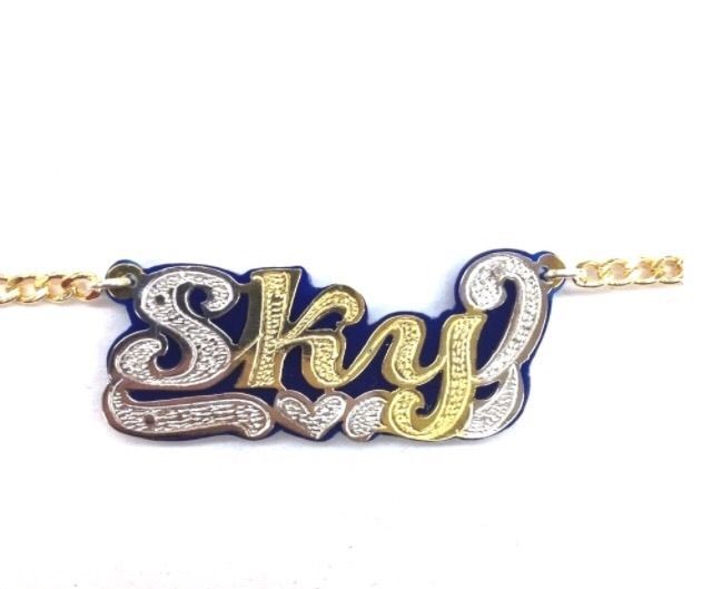 Personalized 14kt Gold Over Silver Name Plate Any Color Background