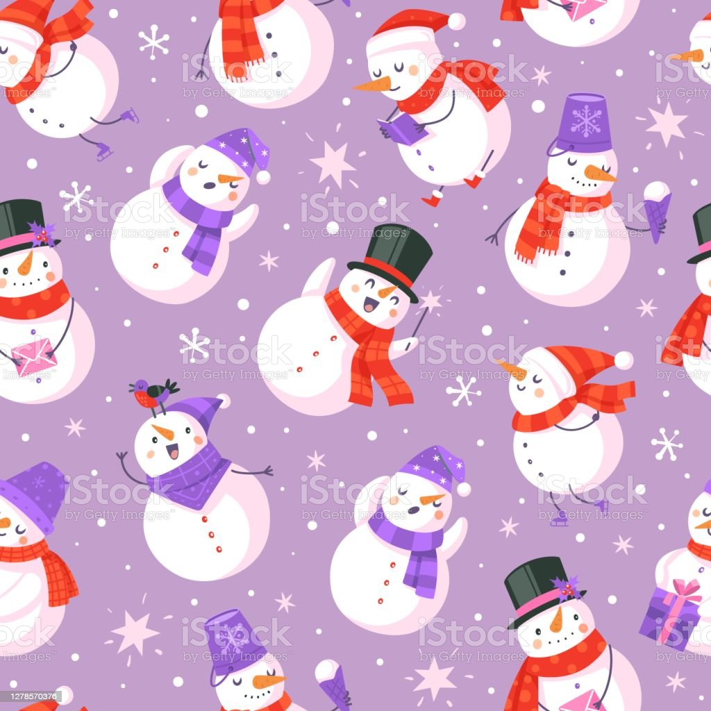 Snowman Seamless Pattern New Year And Christmas Design With Cute