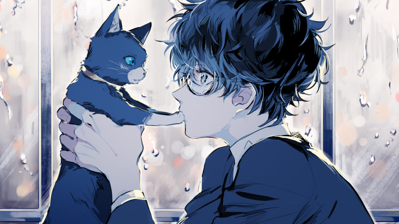 Download 1366x768 Persona 5 Kurusu Akira Anime Boy Cat Glasses