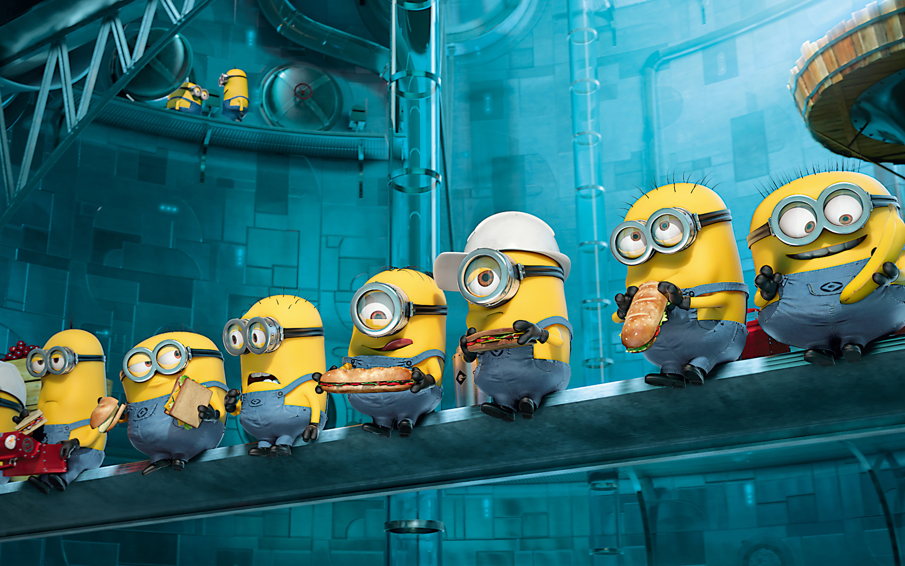 Minions enjoying lunch break on a beam in Despicable Me