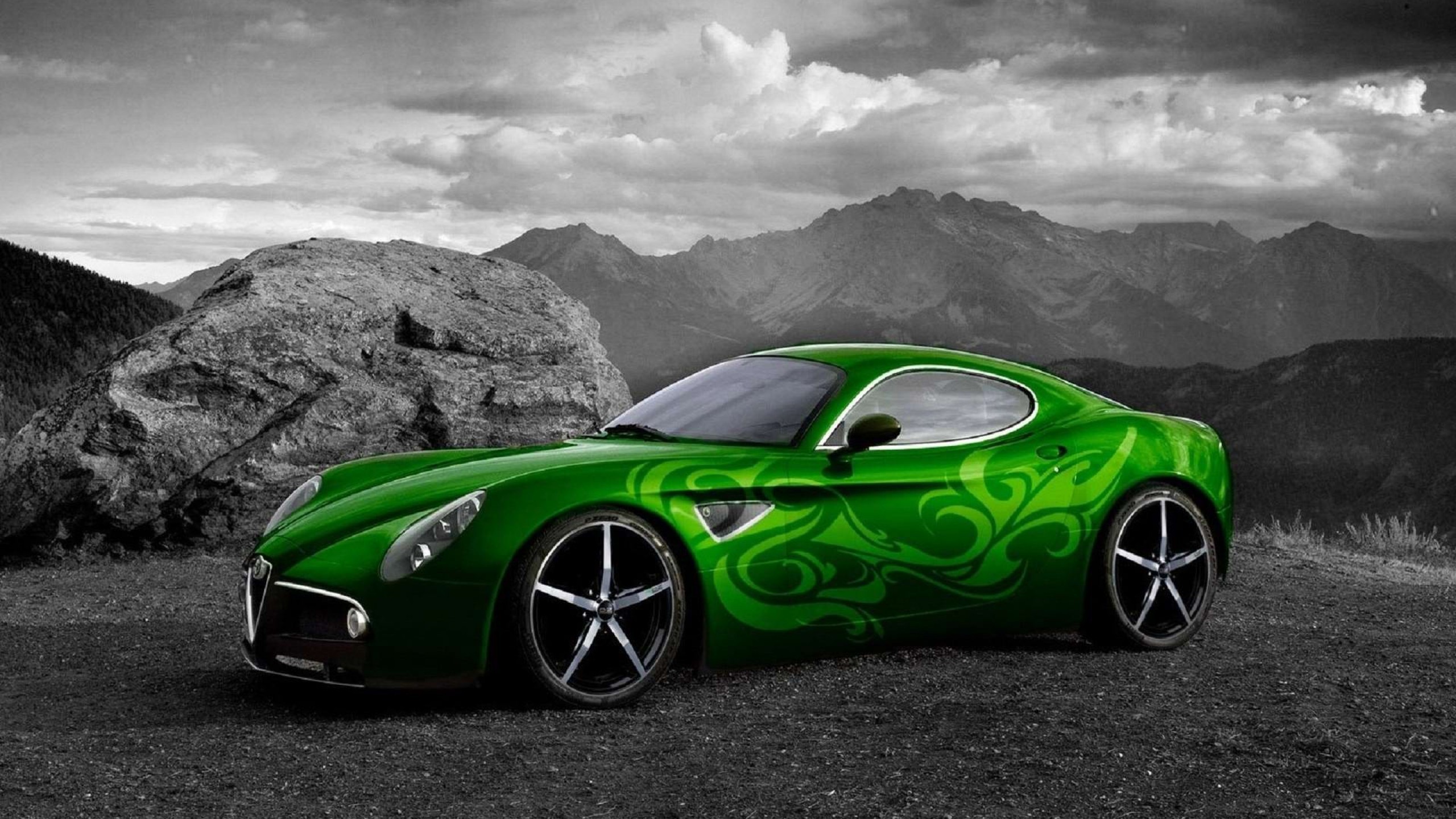 Green Car On Black And White Background Wallpaper Image