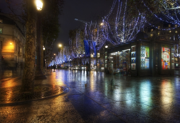 Streets Paris Night Lights Rain France Avenue Champs