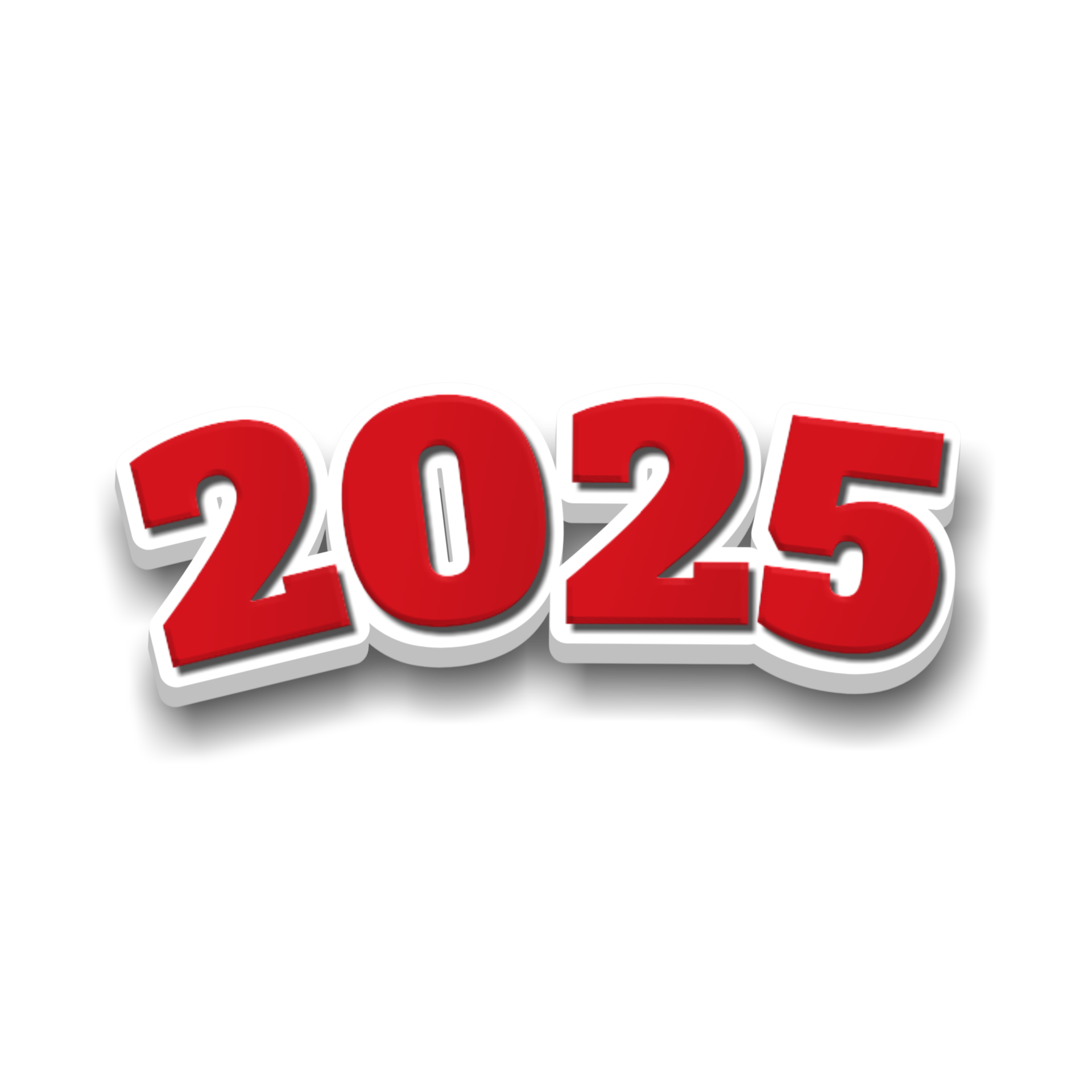 Red 2025 text with white border on a black background