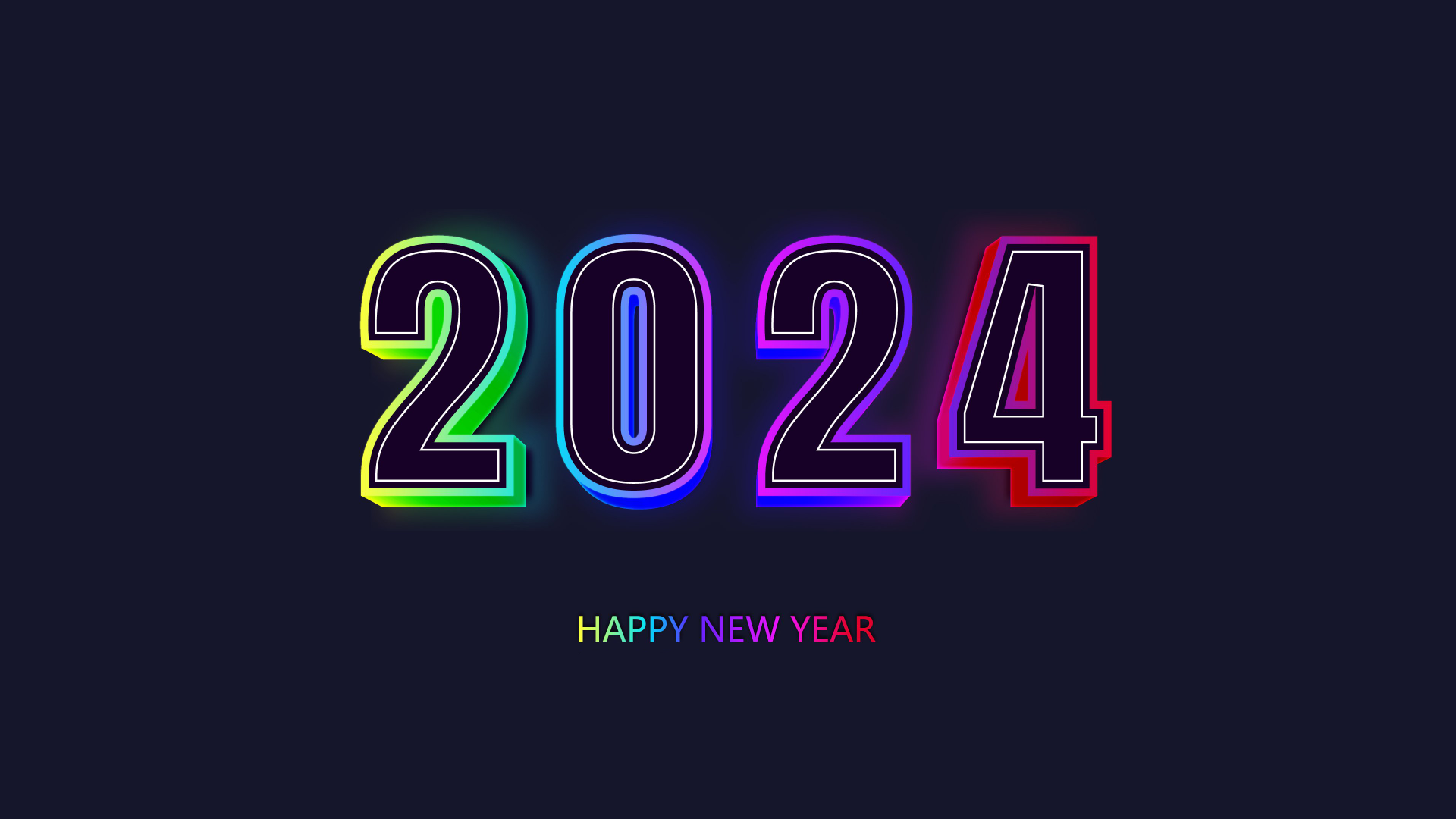2024 New Year celebration with colorful neon lights on a dark background