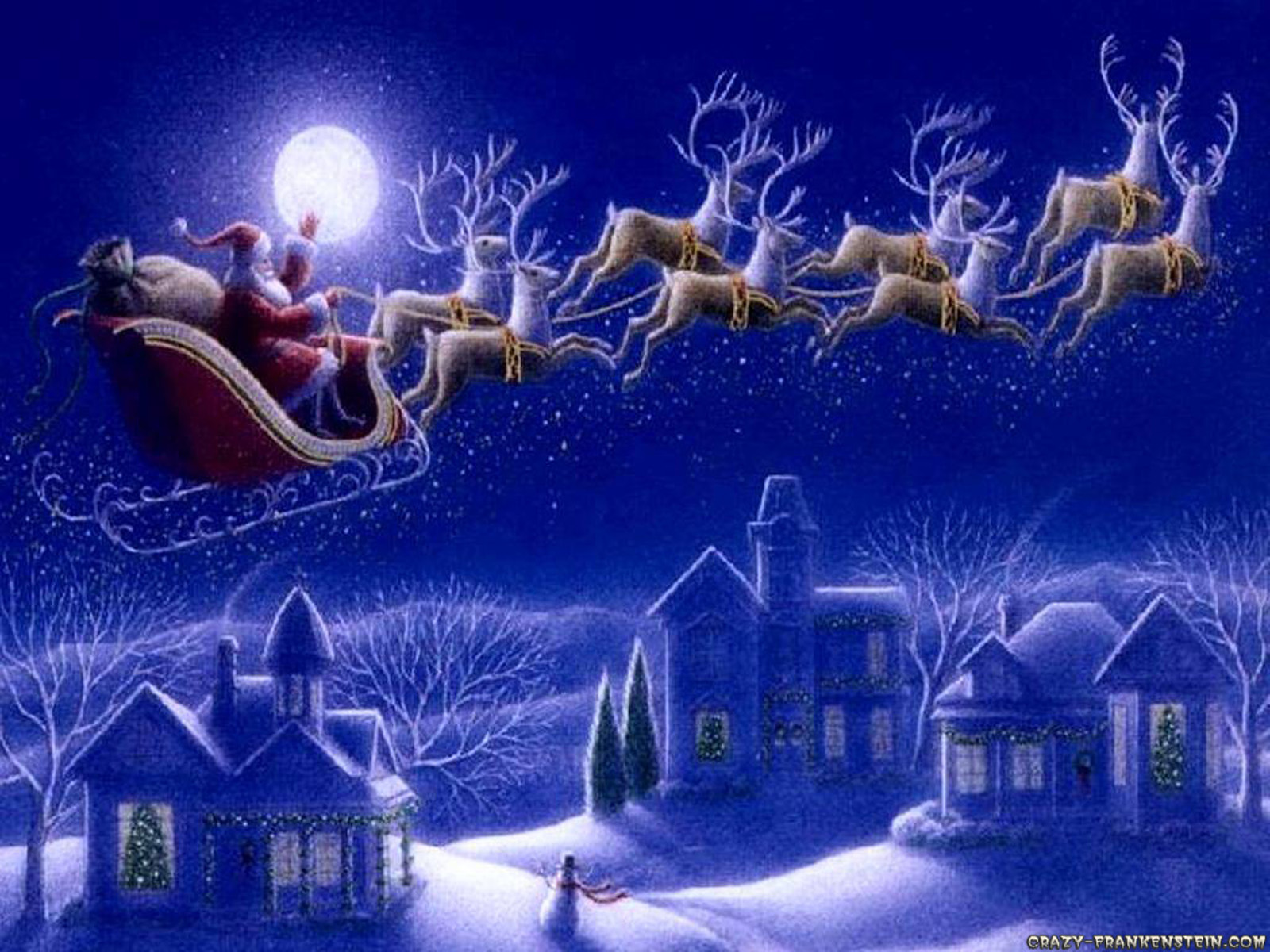 Santa Claus flying his sleigh with reindeer over a snowy village on Christmas Eve