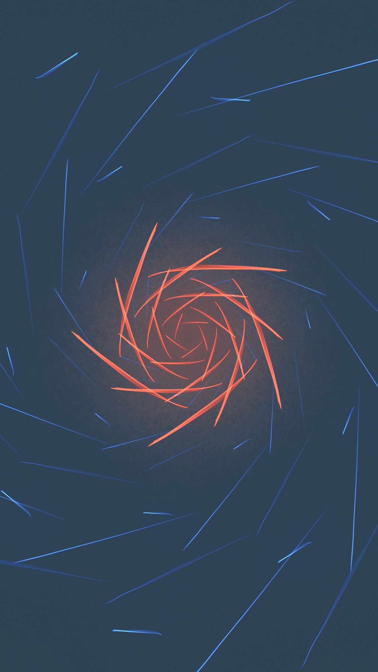 Abstract phone wallpaper with a spiral of orange lines in the center and scattered blue lines on a dark blue background