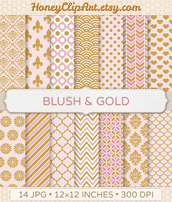 Blush and Gold Digital Paper Elegant Pink Pattern Ornate Damask