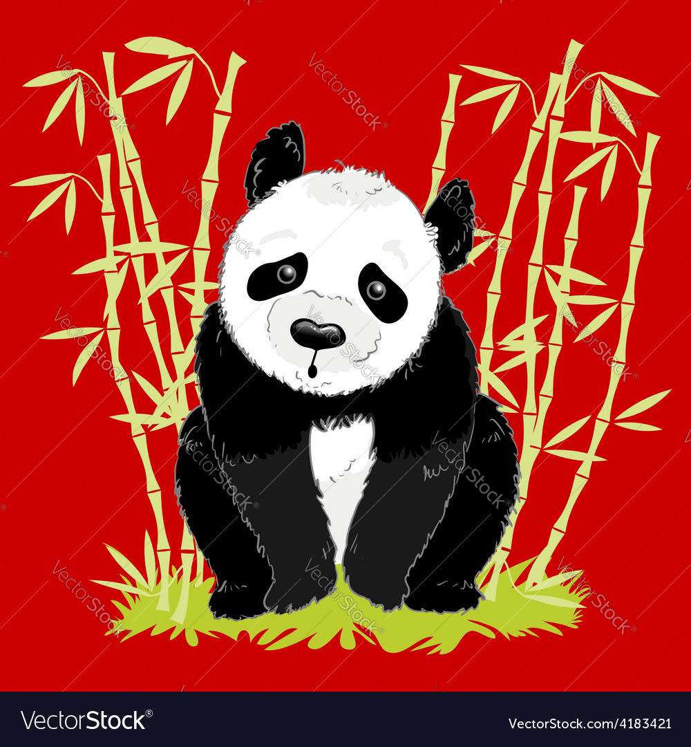 Big Cartoon Panda On Red Background With Bamboo Vector Image