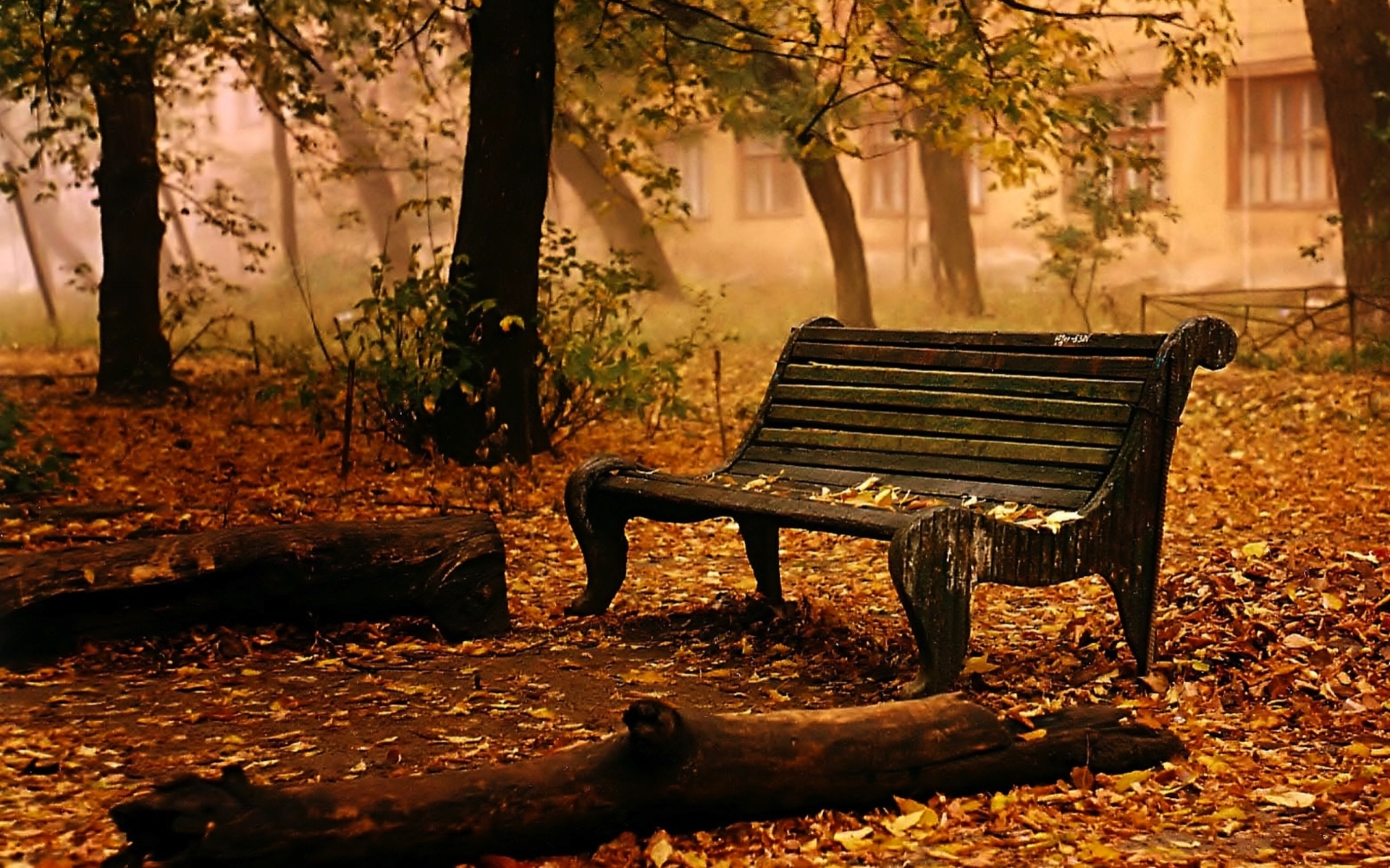 Landscapes Bench Chair Seat Autumn Fall Leaves Trees Mood Wallpaper