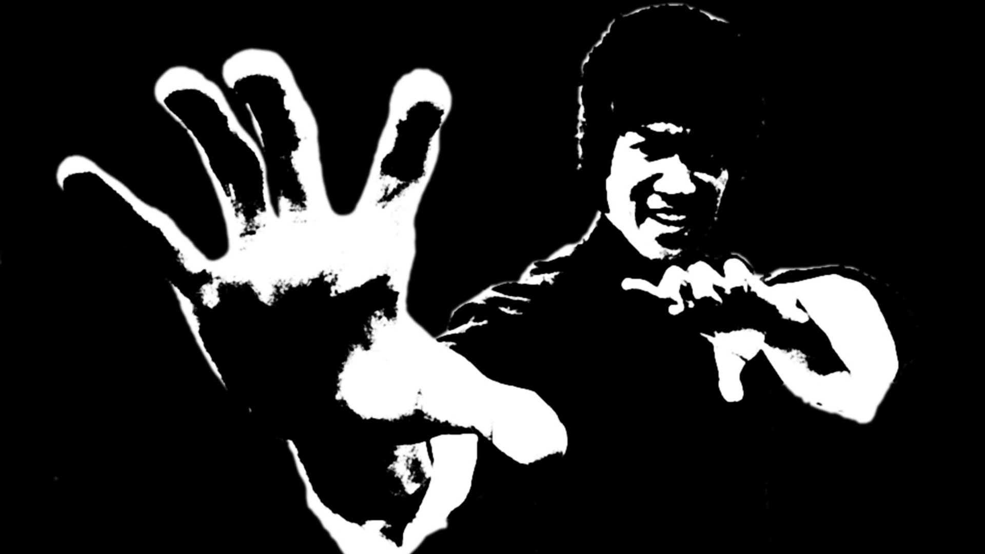 A stylized black and white image of Bruce Lee, the martial arts legend, in a fighting stance with his hand extended towards the viewer