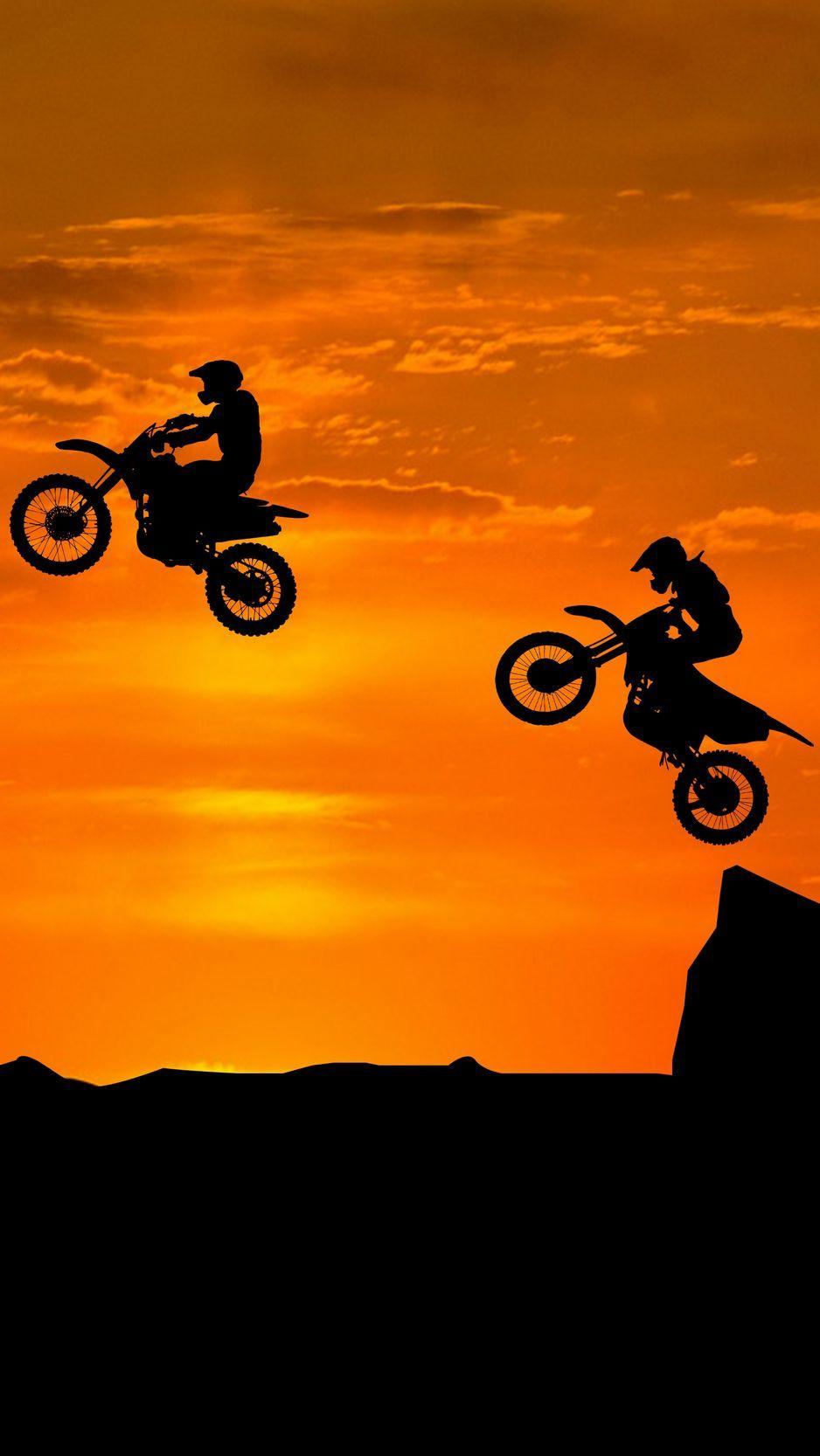 Wallpaper Motorcyclist Silhouettes Trick Hill