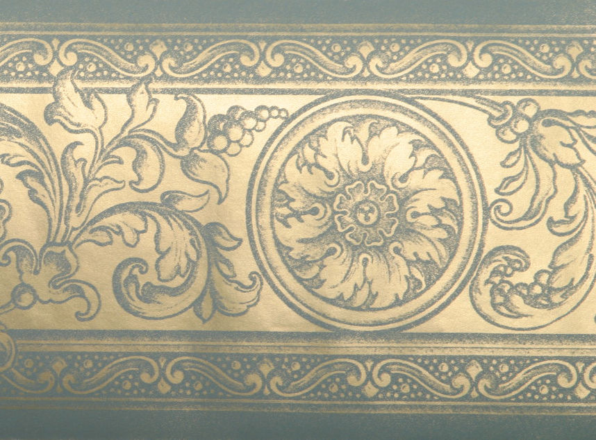 Damask Blue Gold Scroll Acanthus Leaf Medallion Wall Paper Border