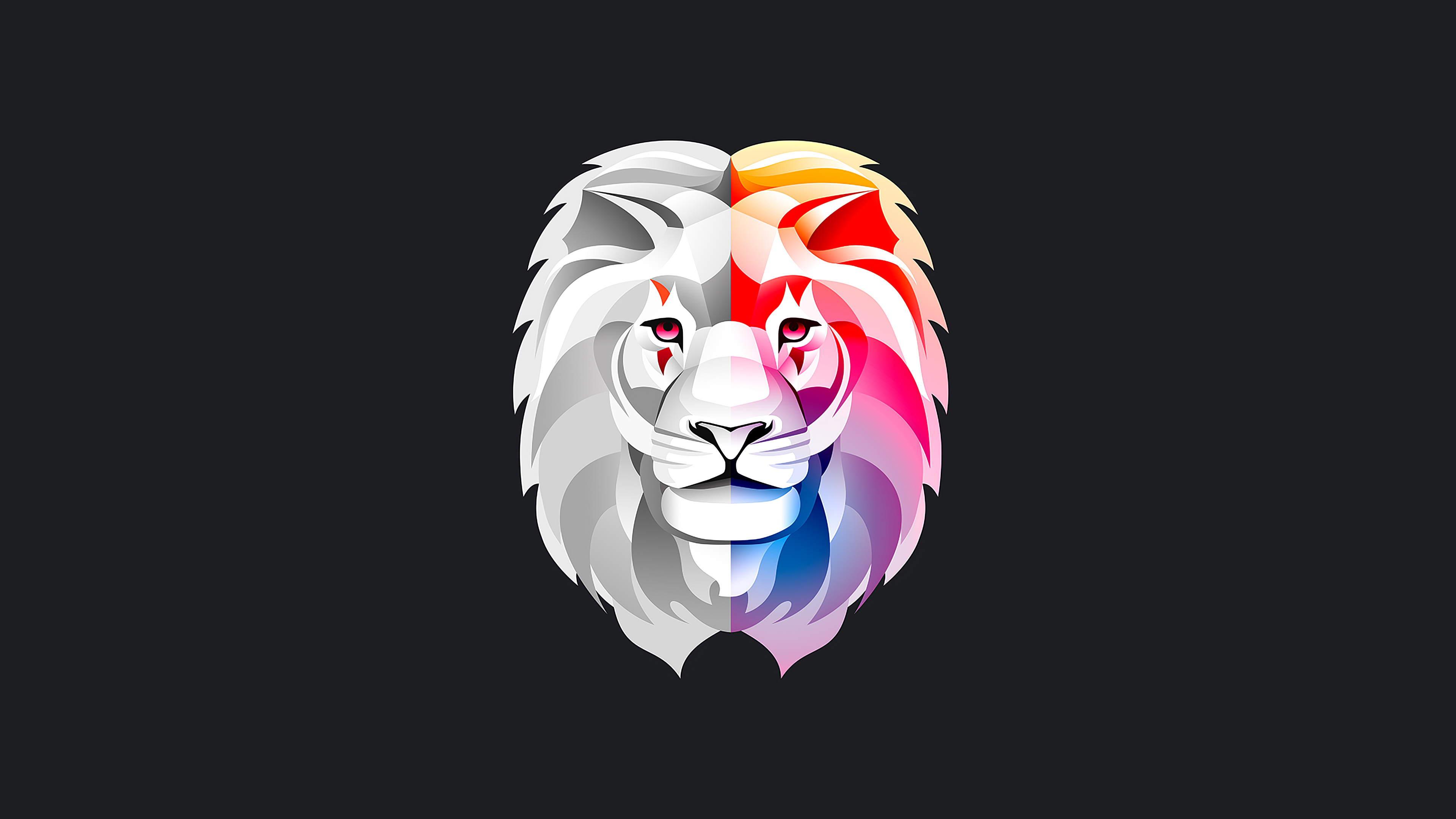 A stylized illustration of a lion's head, split down the middle with contrasting colors and a minimalist design