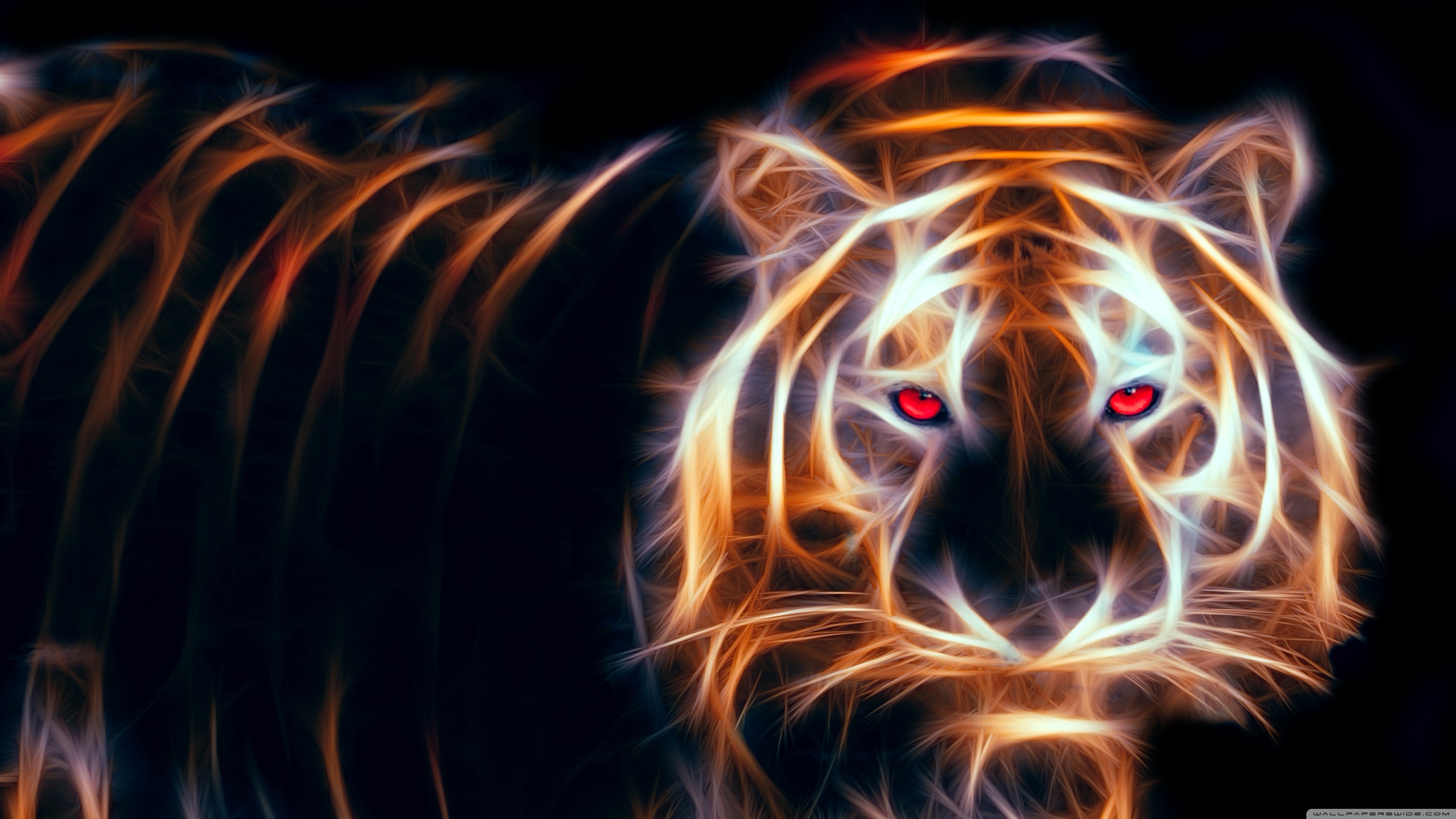A striking fractal art depiction of a tiger with fiery orange and white fur and piercing red eyes, set against a dark background