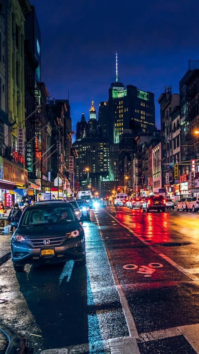 New York City Night Car Parked iPhone Wallpaper