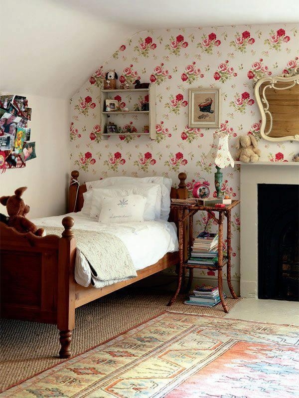 Floral Wallpaper And Wood Furniture Bedroom