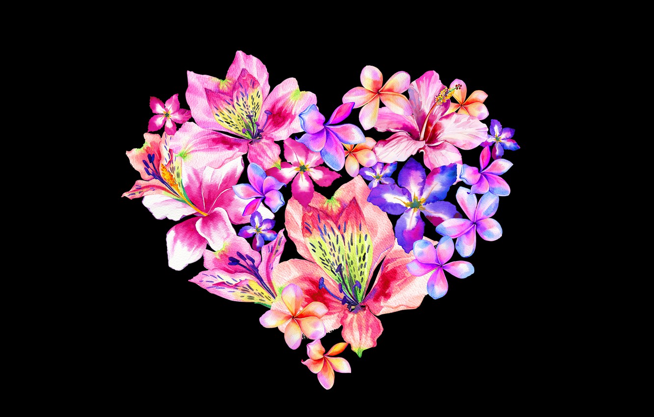Wallpaper Flowers Design Heart Art Black Background