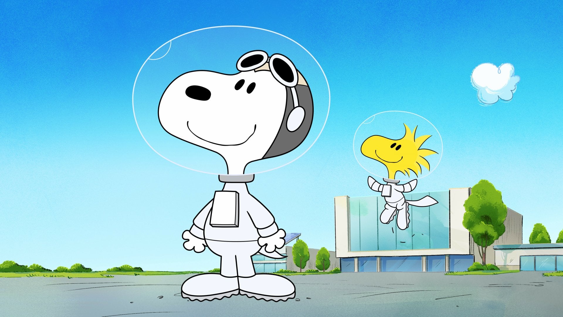 Snoopy and Woodstock in astronaut suits, ready for a space adventure, in a vibrant 4K wallpaper