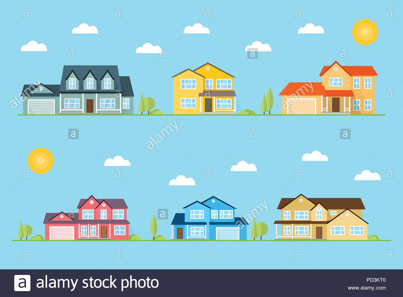 Neighborhood With Homes Illustrated On The Blue Background Vector