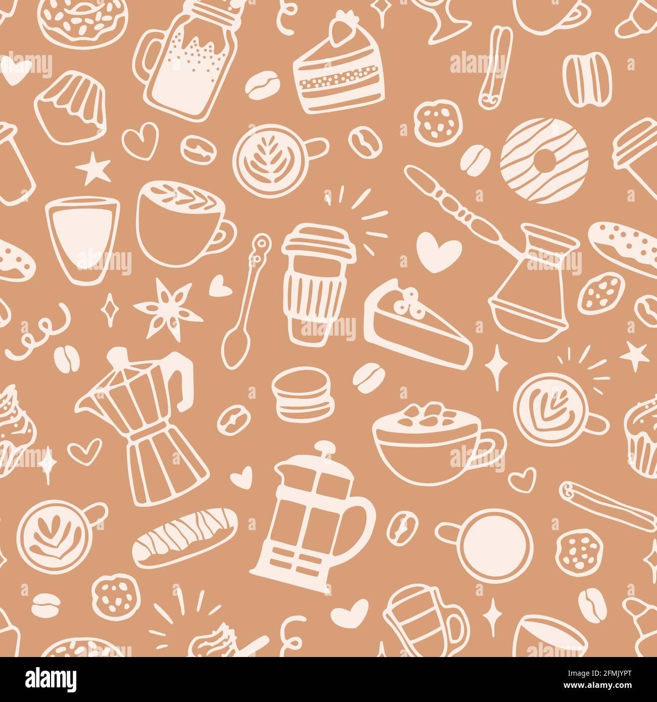 Vector Seamless Pattern With Different Coffee And Dessert Elements