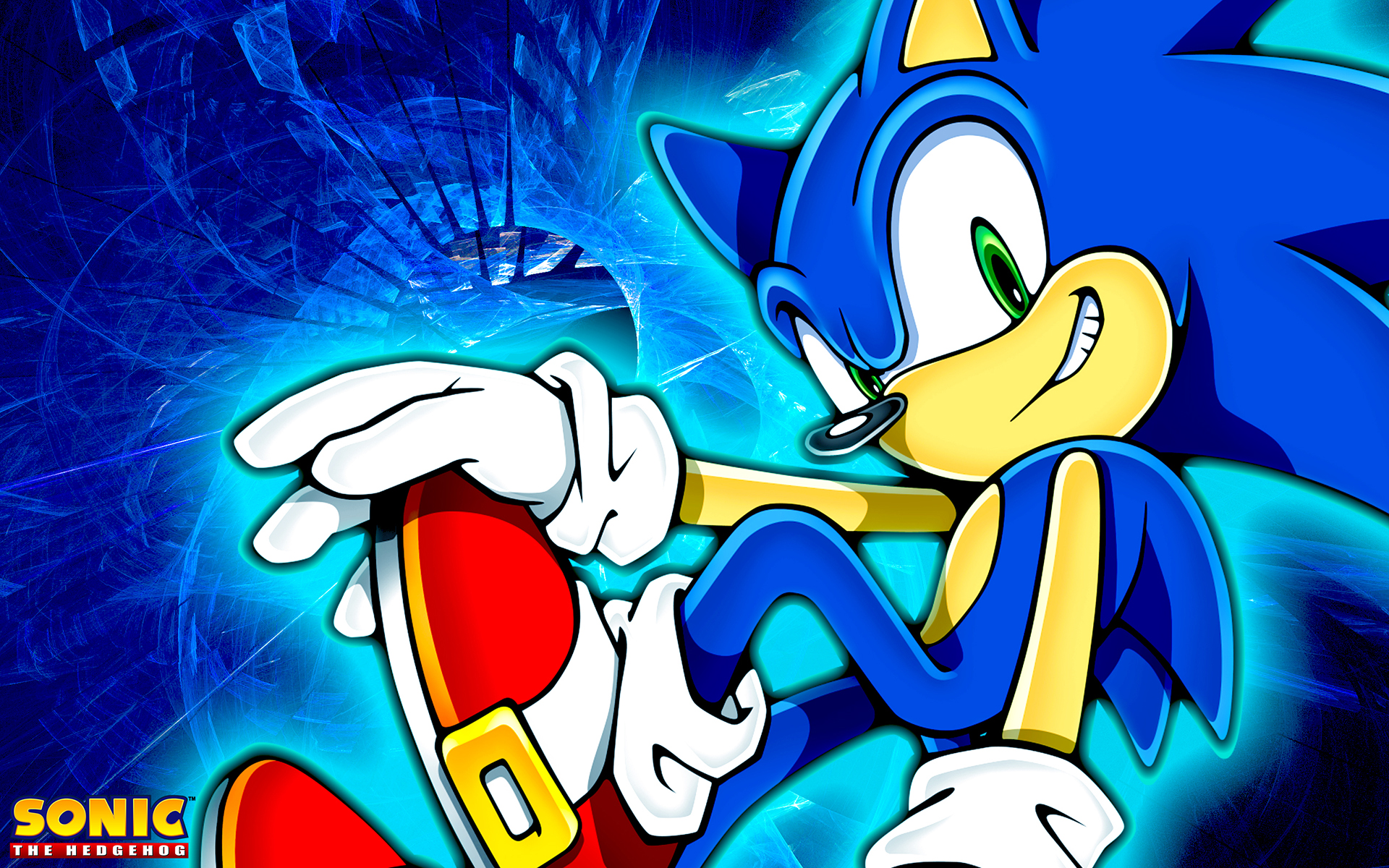 Sonic the Hedgehog posing against a blue and black abstract background