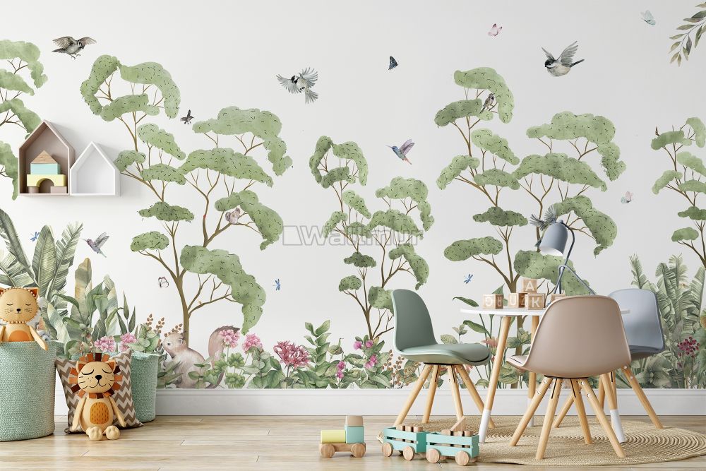 Kids Tropical Forest With Cute Rabbits Wallpaper Mural