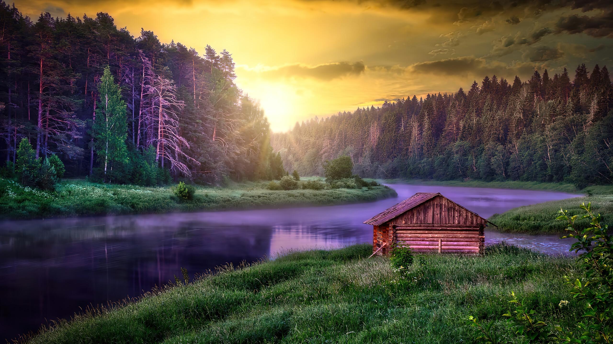 Cabin River Forest Nature Sunset Scenery Wallpaper 4k HD Pc 8920f
