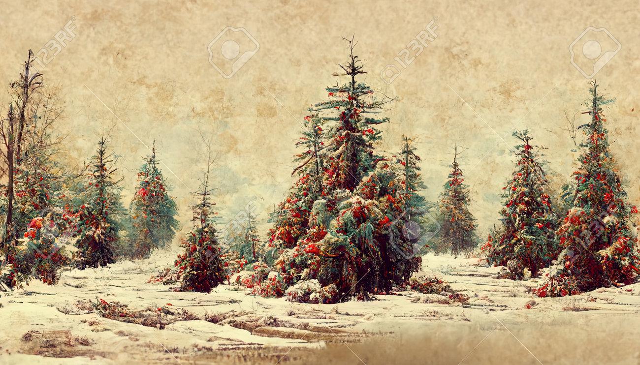 Dramatic Winter Landscape With Snow And Fir Trees As Vintage