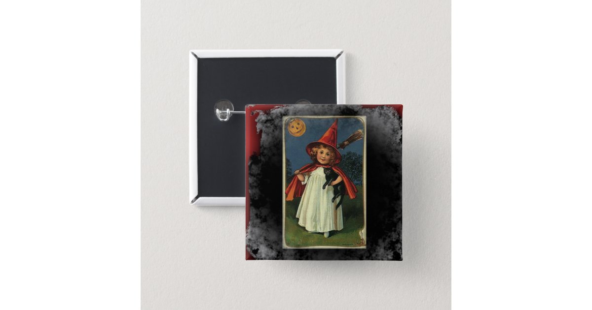Vintage Young Halloween Witch Eerie Background Button