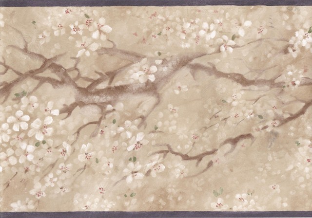 Black Beige Japanese Floral Wallpaper Border Traditional