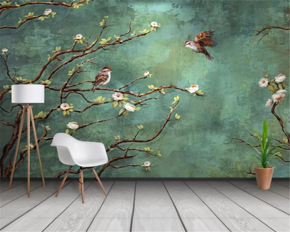 3d Mural Painted Birds Trees Decoration Wallpaper