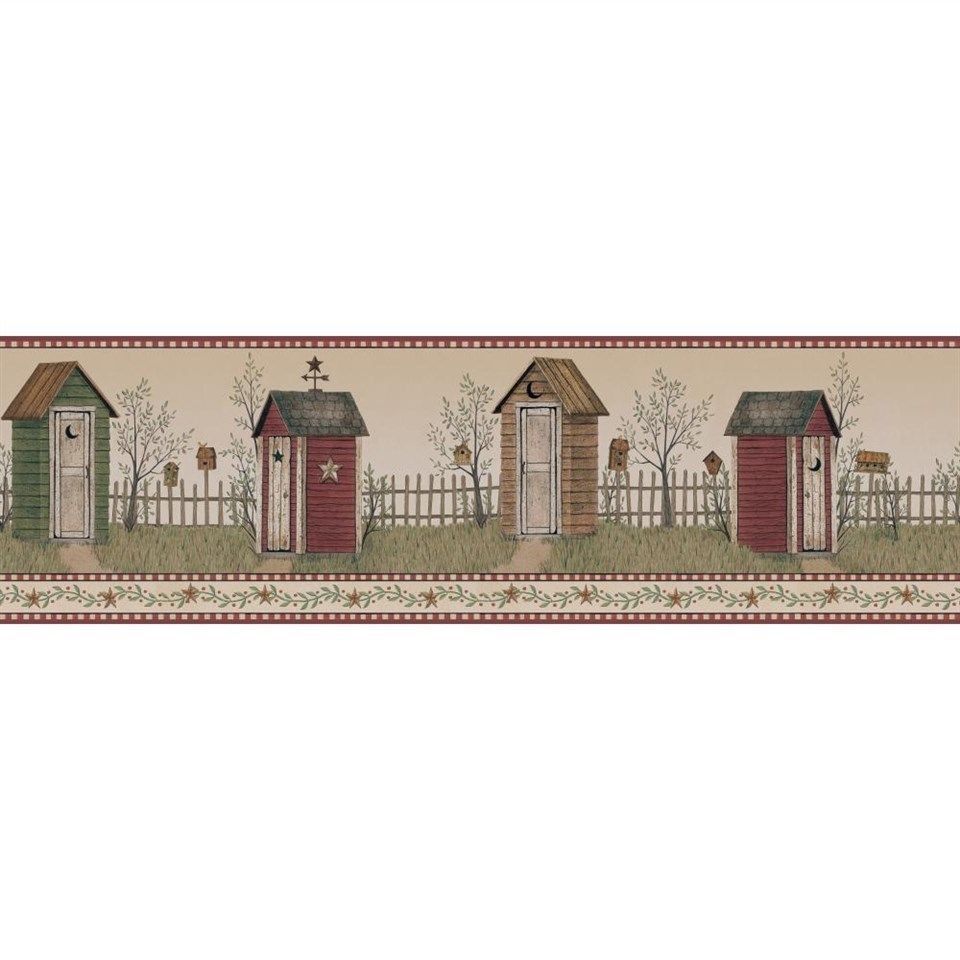 Folk Art Country Outhouses With Red Check Edge Wallpaper Border