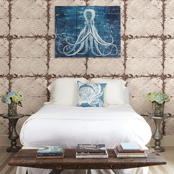 Tin Ceiling Beige Distressed Tiles Wallpaper Industrial Bedroom