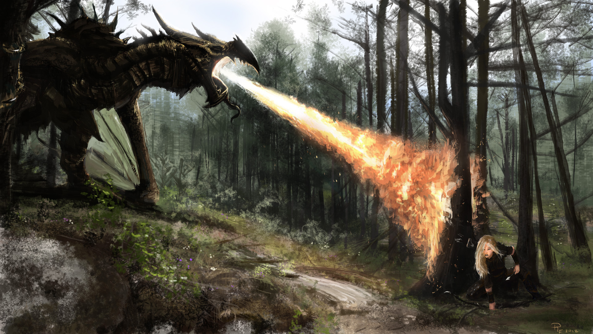 Art Skyrim Forest Dragon Girl Fire Flames Battle Fantasy Wallpaper