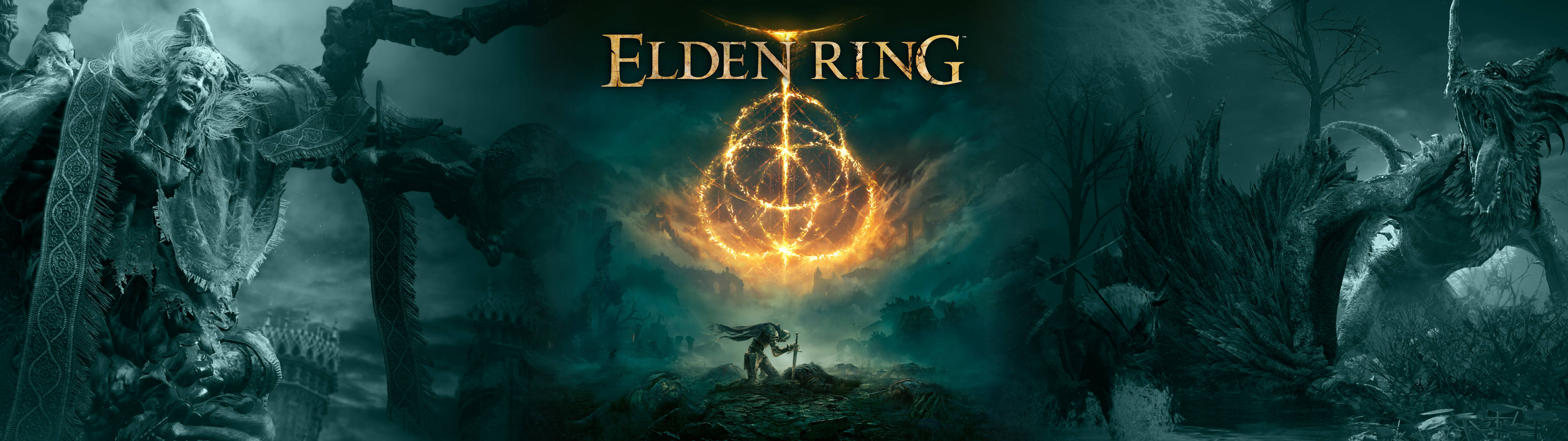 Elden Ring 5120x1440 ultrawide wallpaper, featuring a tarnished warrior kneeling before the Elden Ring, with monstrous creatures on either side
