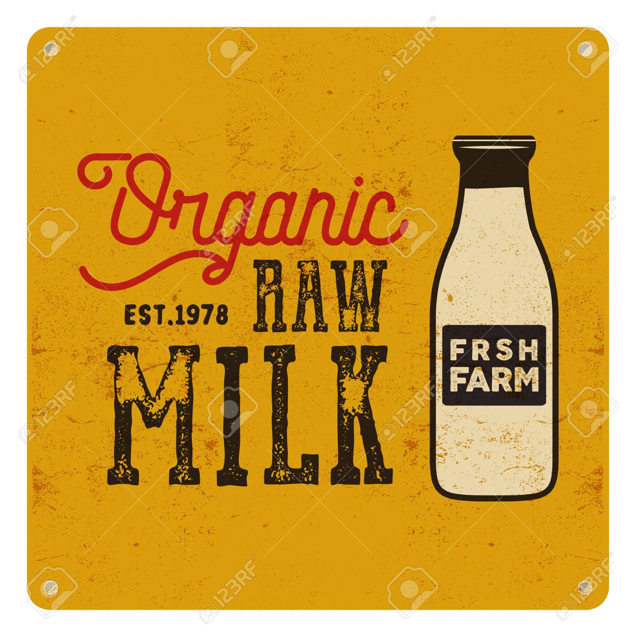 Vintage Organic Raw Milk Sign On Yellow Card Background Retro