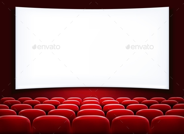 Rows Of Red Cinema Or Theater Seats In Front White Blank Screen