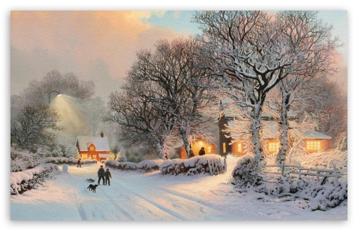Village In Winter Painting HD Wallpaper For Standard