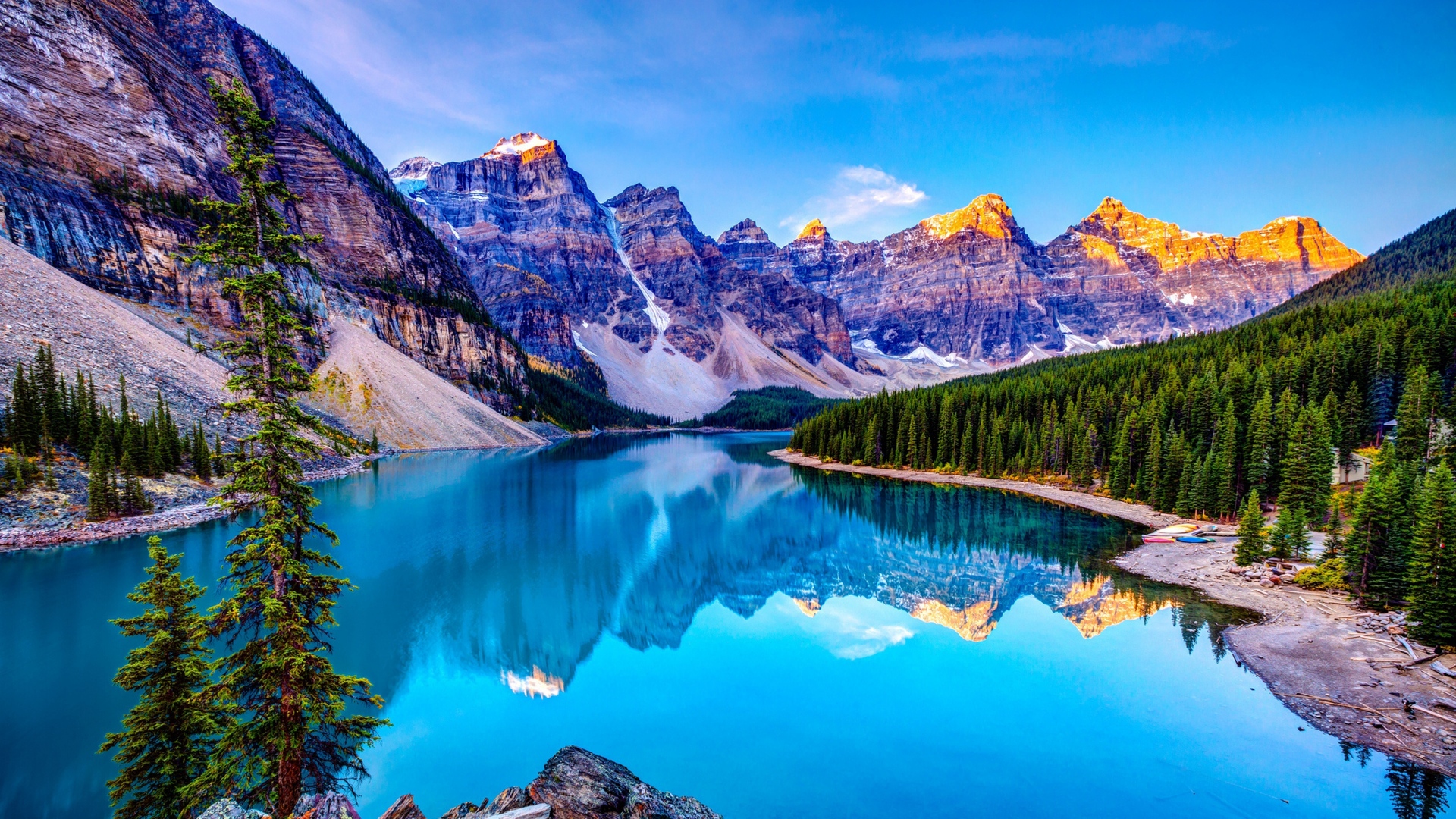 Stunning turquoise lake reflecting majestic mountains in Banff National Park