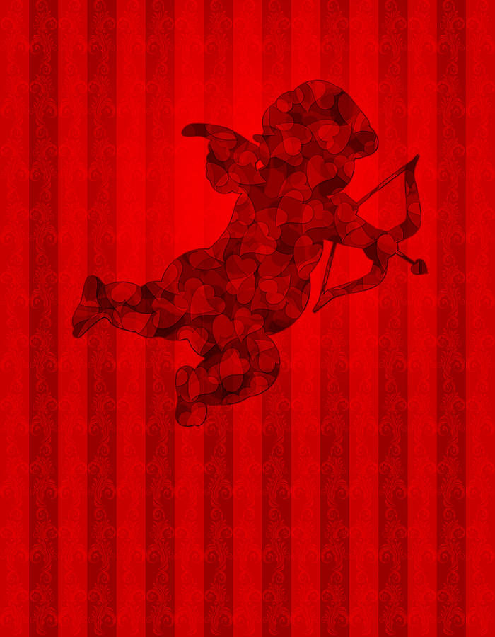 Valentines Day Cupid With Pattern Hearts On Wallpaper Background