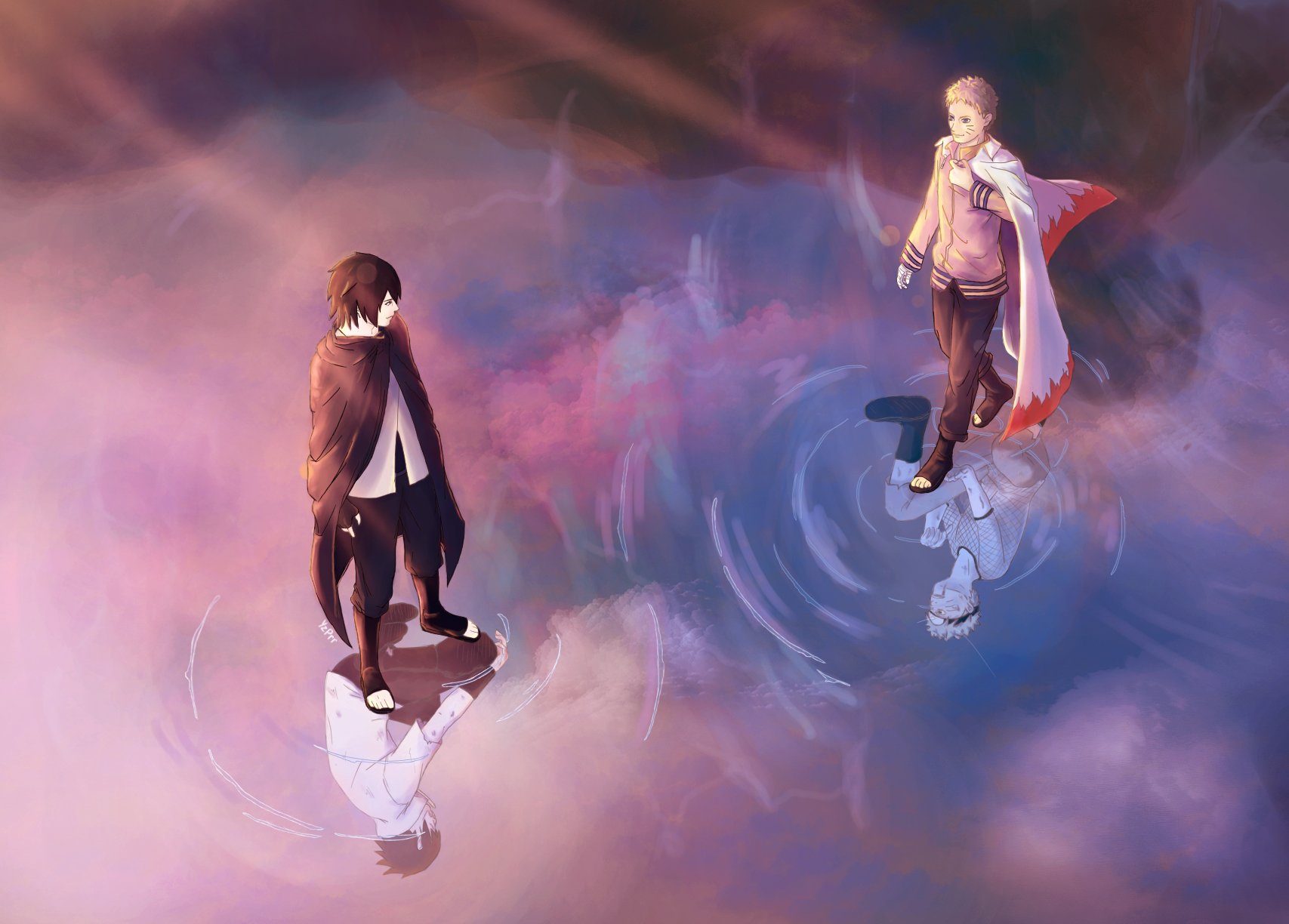 Naruto Uchiha Sasuke Uzumaki Reflection Kneeling Wallpaper