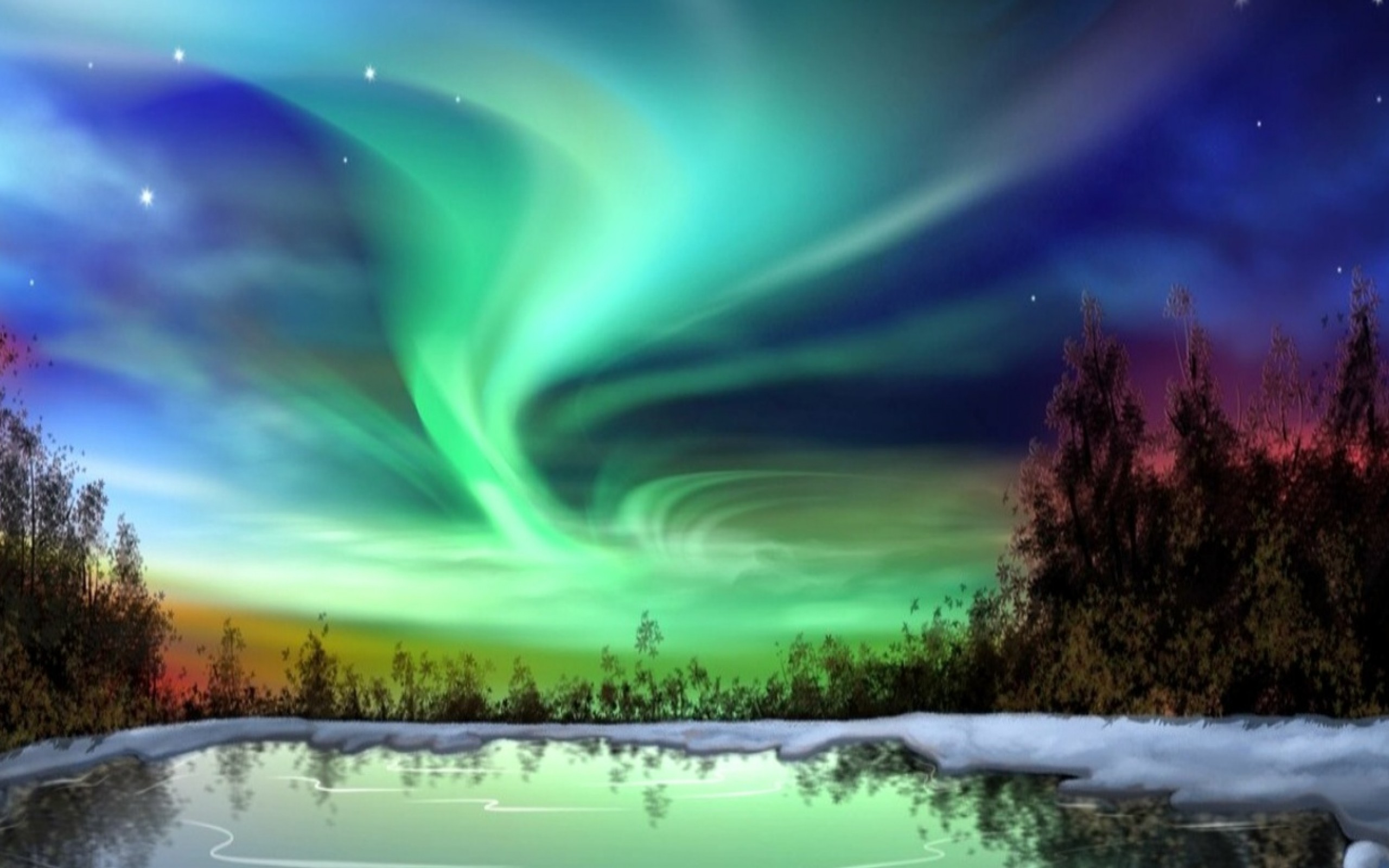 Northern Lights Over Alskan Winter Lscape HD Desktop Background