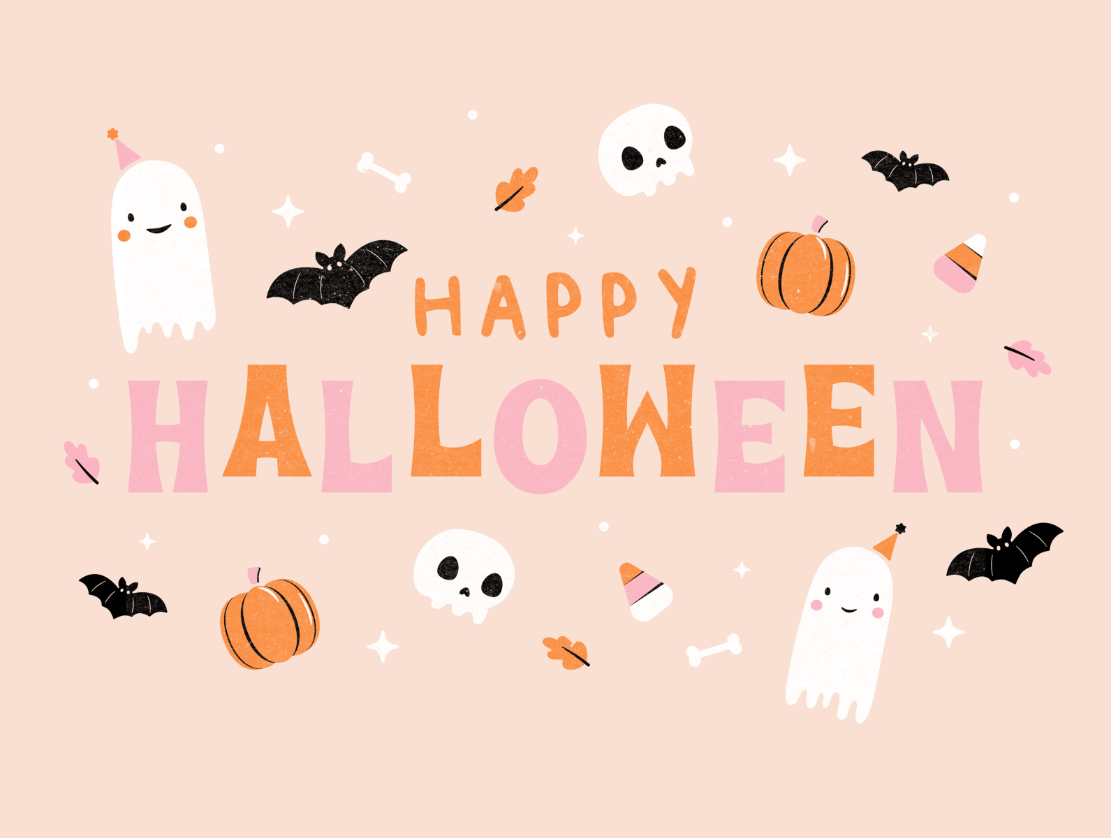 A kawaii Halloween greeting card featuring cute ghosts, pumpkins, bats, and skulls on a pastel pink background