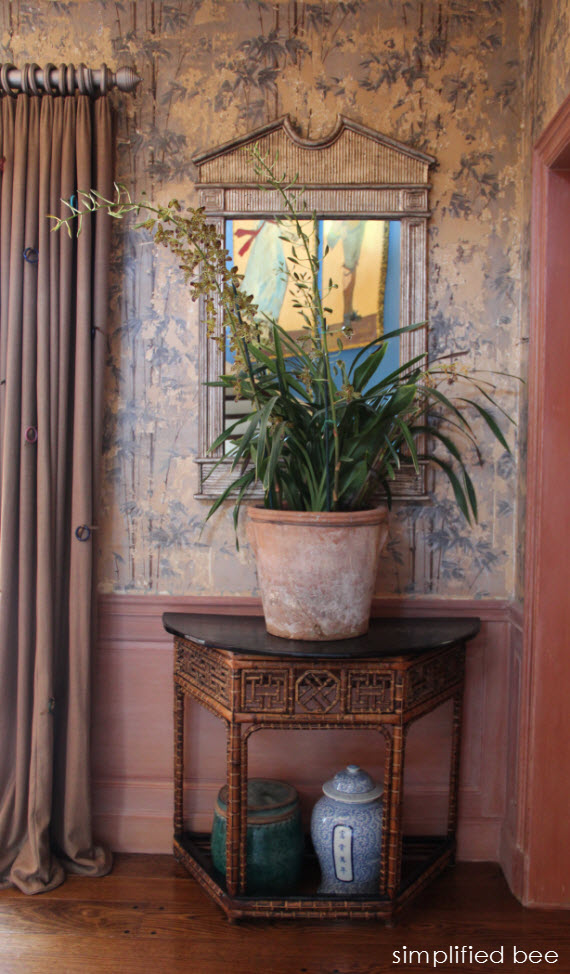 chinoiserie chic foyer with bamboo wallpaper   Simplified Bee