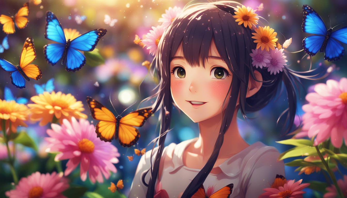 A Vibrant And Adorable HD Wallpaper Featuring Cute Anime Girl From The Gallery Show Her In Whimsical Cheerful Setting Surrounded By Colorful Flowers Butterflies Make Sure Expression Is Joyful Endearing Capturing Essence Of Innocence Charm