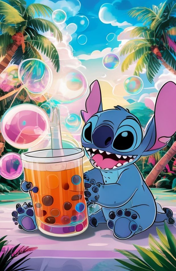 Stitch Drinking Boba Wallpaper